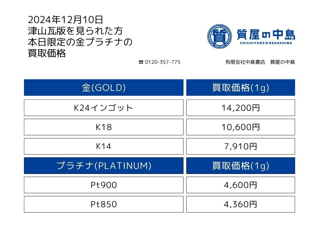 金・プラチナ買取価格 2024年12月10日付 1gの買取金額！瓦版限定価格 0.01ｇから買取いたします。高価買取 見積無料 手数料無料　津山　真庭　美作　新見　岡山　M