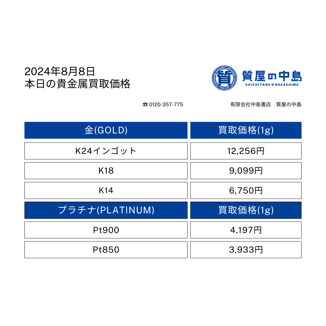 2024年8月8日の金相場掲載中！津山市で金・プラチナを買取に出すなら、質屋の中島へお任せください！　M