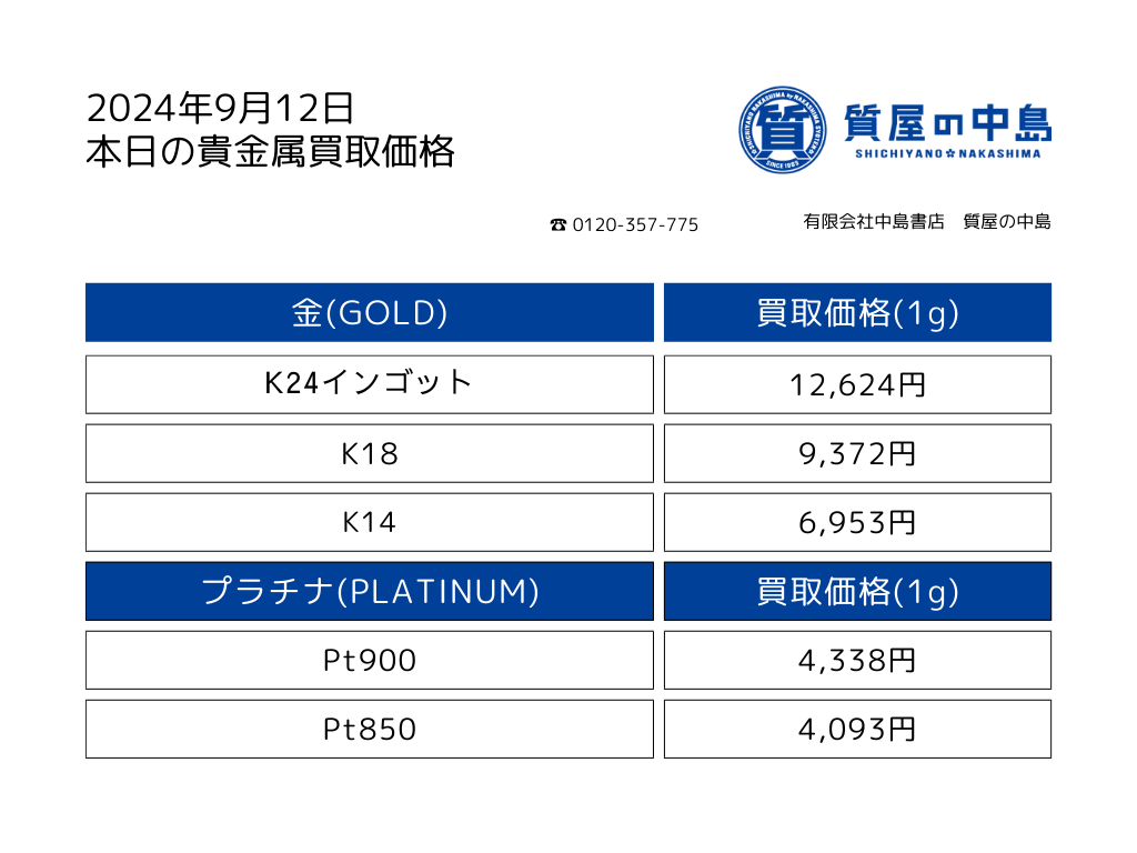 金・プラチナ買取価格 2024年9月12日付 1gの買取金額を提示中！　見積無料・手数料無料　m
