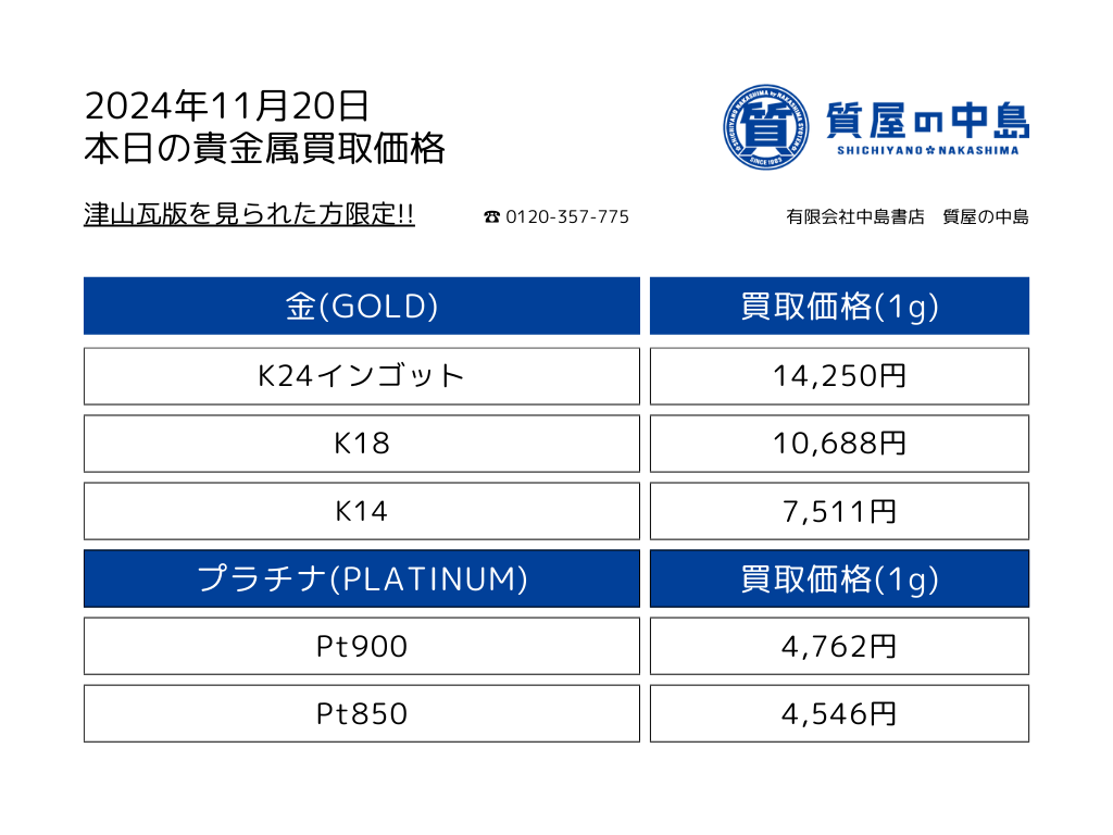 金・プラチナ買取価格 2024年11月20日付 1gの買取金額！瓦版限定キャンペーン 高価買取,見積無料・手数料無料　津山　真庭　美作　新見　岡山　m