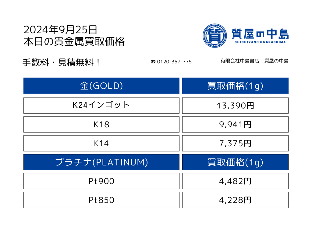 金・プラチナ買取価格 2024年9月25日付 1gの買取金額を掲載中！　見積無料・手数料無料　津山　真庭　美作　新見　岡山　M
