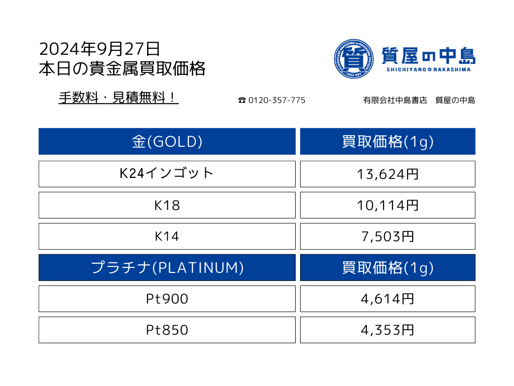 金・プラチナ買取価格 2024年9月27日付 1gの買取金額を掲載中! 見積無料・手数料無料 津山 真庭 美作 新見 岡山 M