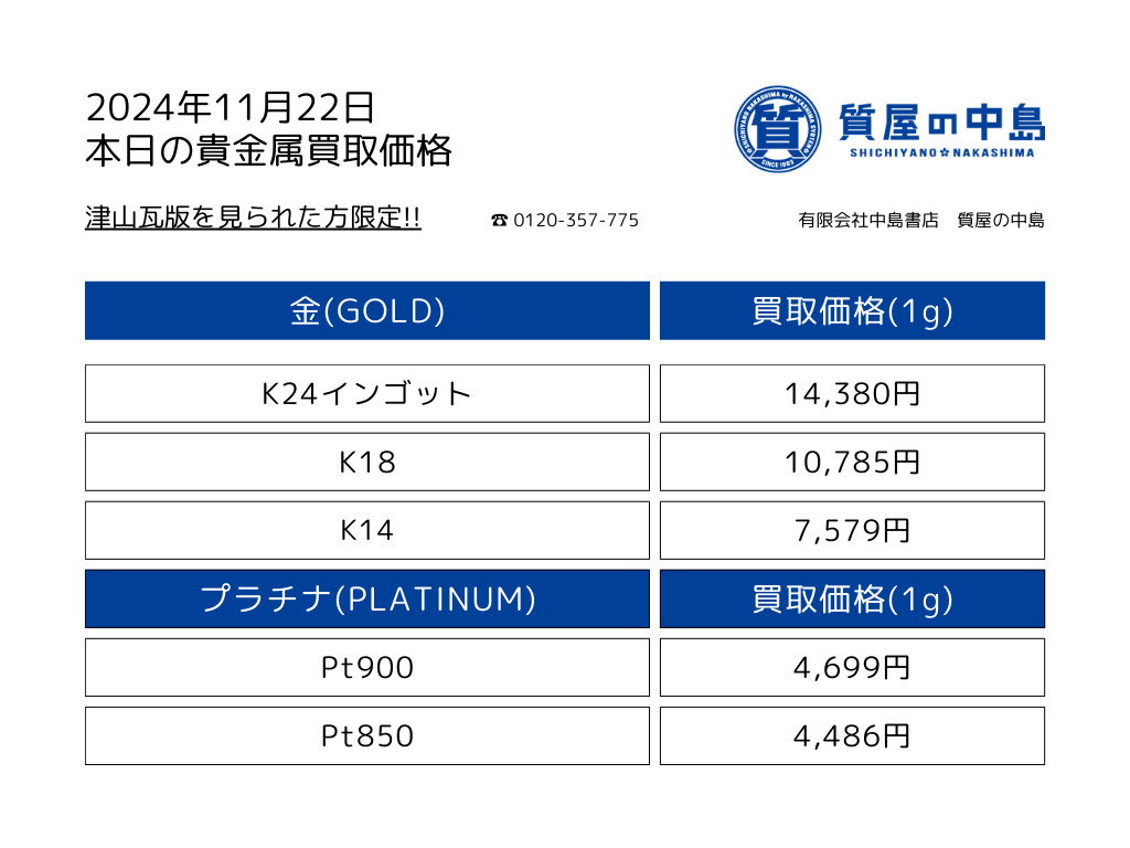 金・プラチナ買取価格 2024年11月22日付 1gの買取金額！瓦版限定価格　量って　0.01ｇから買取いたします。高価買取,見積無料・手数料無料　津山　真庭　美作　新見　岡山　M