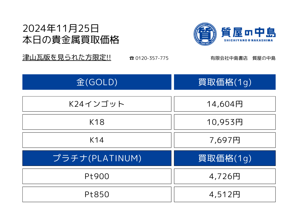 金・プラチナ買取価格 2024年11月25日付 1gの買取金額！瓦版限定価格 0.01ｇから買取いたします。高価買取,見積無料・手数料無料　津山　真庭　美作　新見　岡山　M