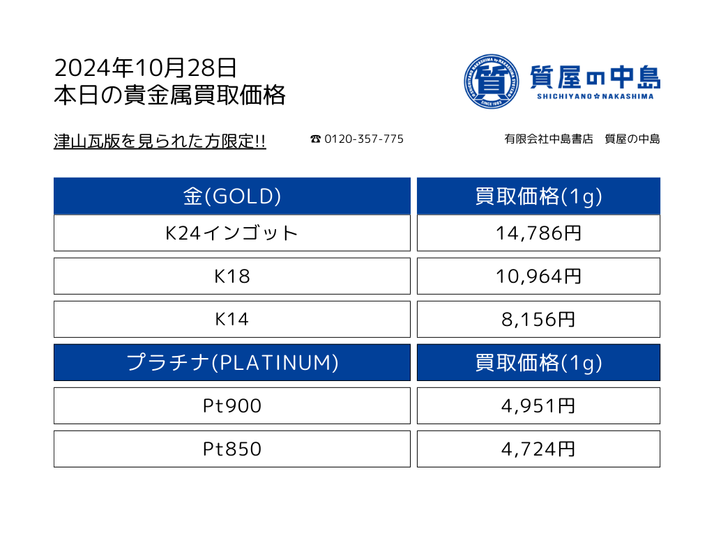 金・プラチナ買取価格 2024年10月28日付 1gの買取金額！瓦版限定キャンペーン 高価買取,見積無料・手数料無料　津山　真庭　美作　新見　岡山　M