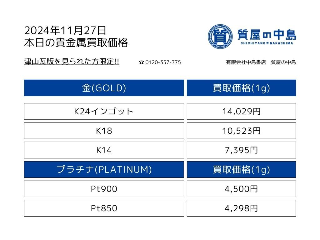 金・プラチナ買取価格 2024年11月27日付 1gの買取金額！瓦版限定価格 0.01ｇから買取いたします。高価買取,見積無料・手数料無料　津山　真庭　美作　新見　岡山　m